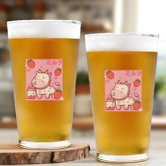 Kawaii Pink Strawberry Cow Milk Shake Otaku Anime Glass Cups