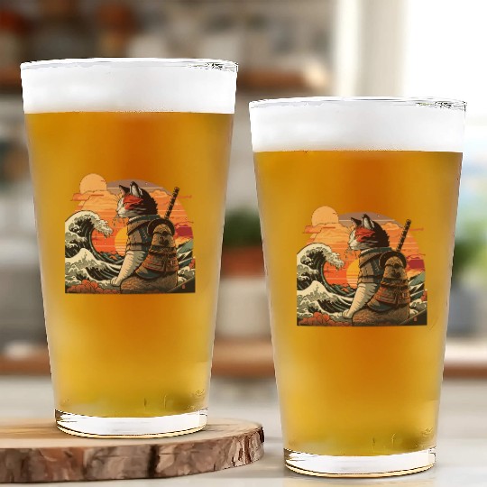 Retro samurai cat The Great Wave Hokusai Glass Cups
