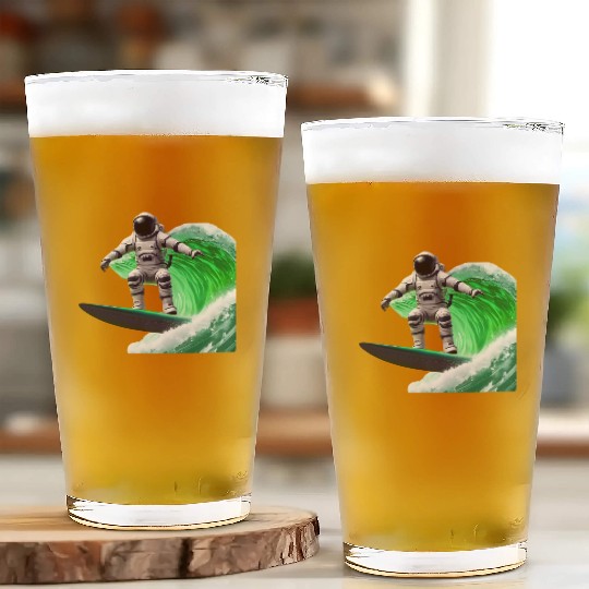 Green waves surfing astronaut Glass Cups