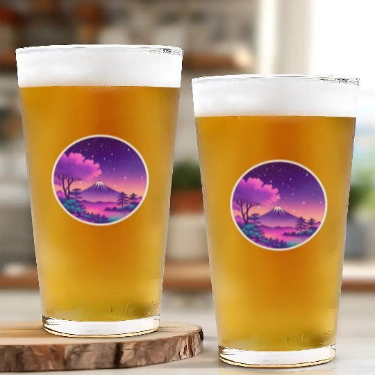 Japan Mount Fuji Night Sky Lo-Fi Art Retro Purple Glass Cups
