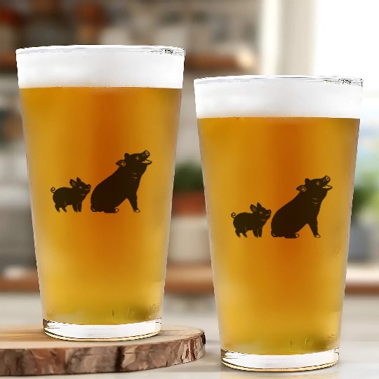 Cheerful pig with piglet logo Glass Cups