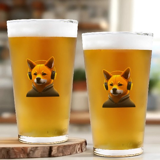 Running Shiba Inu with Headphones, Athletic Dog Glass Cups