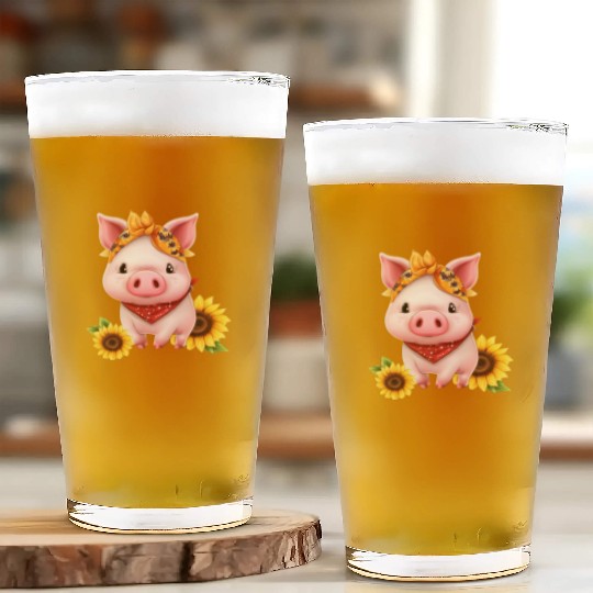 Pig with Bandana and Sunflower, Charming Farm Glass Cups