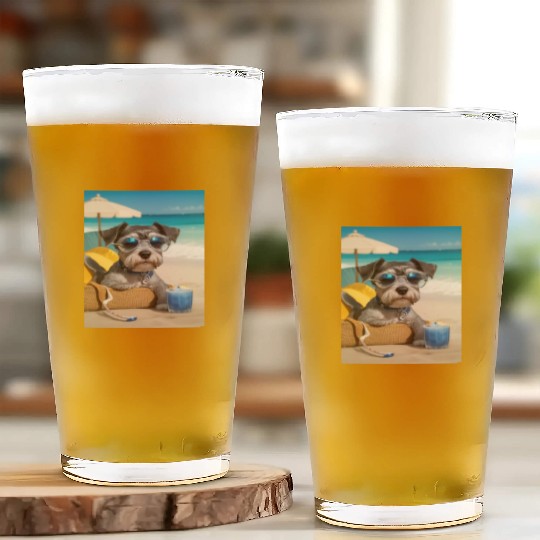 Schnauzer Chilling at the Beach with a Drink Glass Cups
