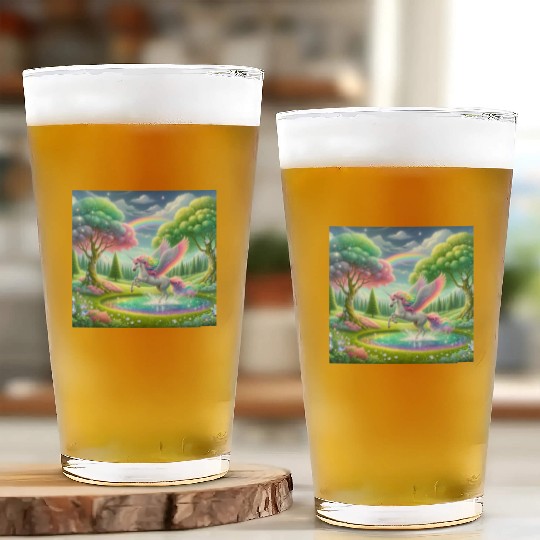 Enchanted Rainbow Unicorn Over Sparkling Pond Glass Cups