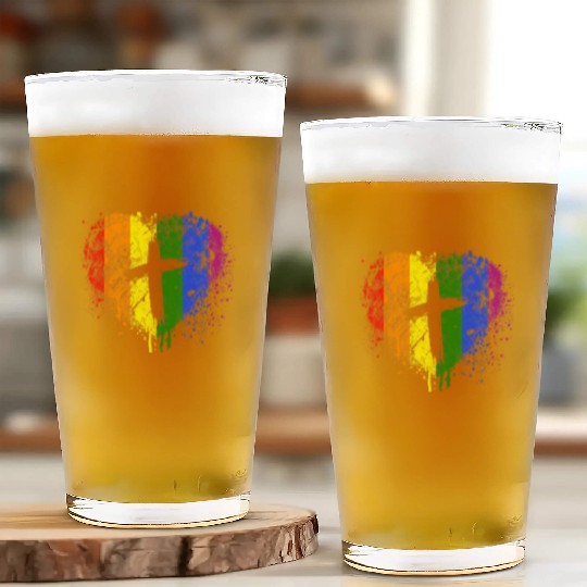 Rainbow Heart with Cross Gay Pride LGBT Christian Glass Cups