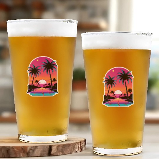 Miami Road into the Sunset 80s Synthwave Retro Glass Cups