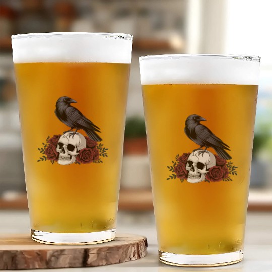 crow at skull with red roses halloween theme Glass Cups