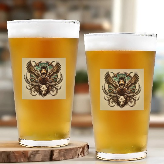 Mallard duck flying over deer skull in marsh Glass Cups