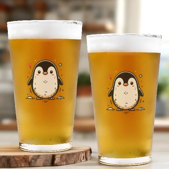 Cute Cartoon Penguin with Blush and Heart Glass Cups