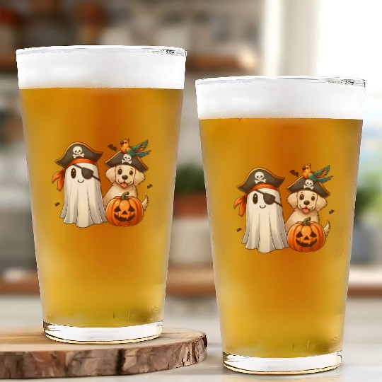 Pirate Pup and Ghostly Pumpkin Halloween Design Glass Cups