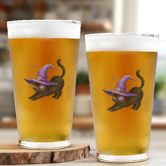 Enchanted Black Cat Witch Hat Design Glass Cups