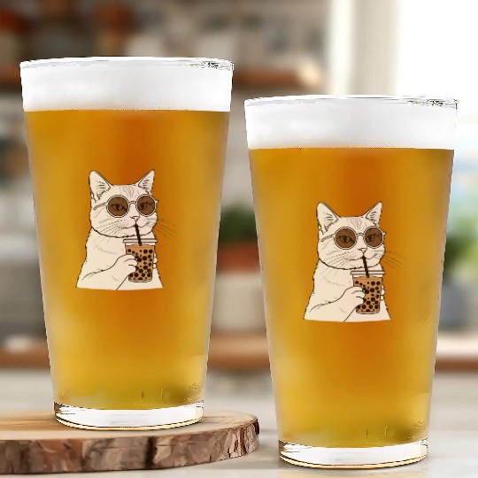Cool Cat with Bubble Tea and Sunglasses Glass Cups