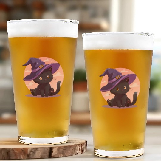 Whimsical Halloween Cat with Witch Hat Glass Cups