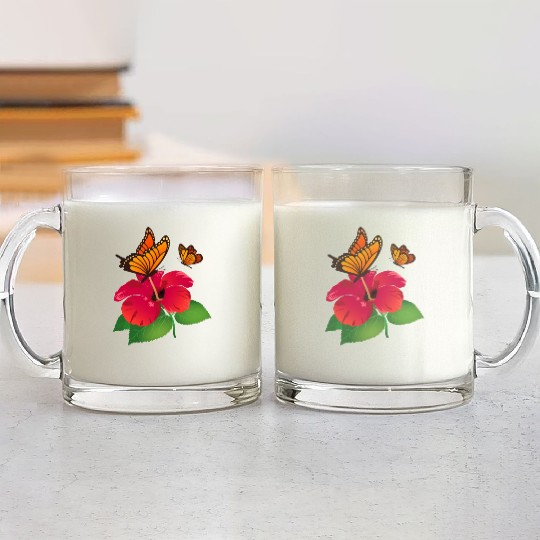 Hibiscus Flower and Monarch Butterfly Nature Glass Mugs