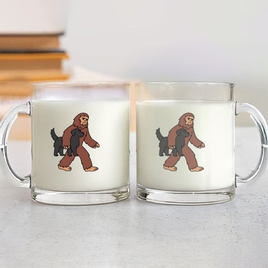 Bigfoot Sasquatch Walking Newfoundland Dog Glass Mugs