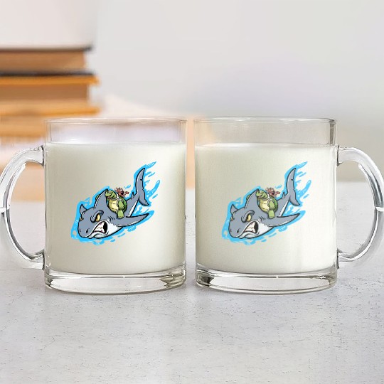 Shark Swims With Turtle And Crab Glass Mugs