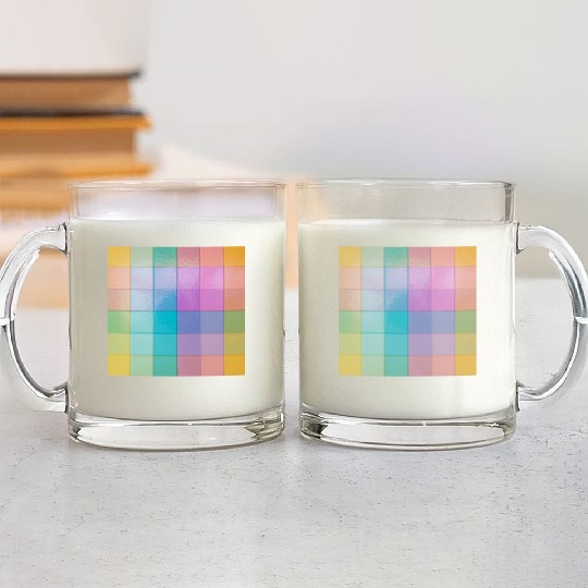 Rainbow Shimmer Multi Squares Pattern Glass Mugs