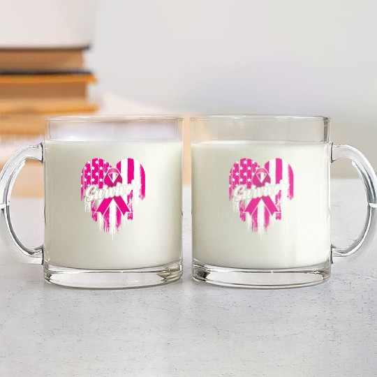 Breast Cancer Survivor Pink Ribbon American Flag Glass Mugs