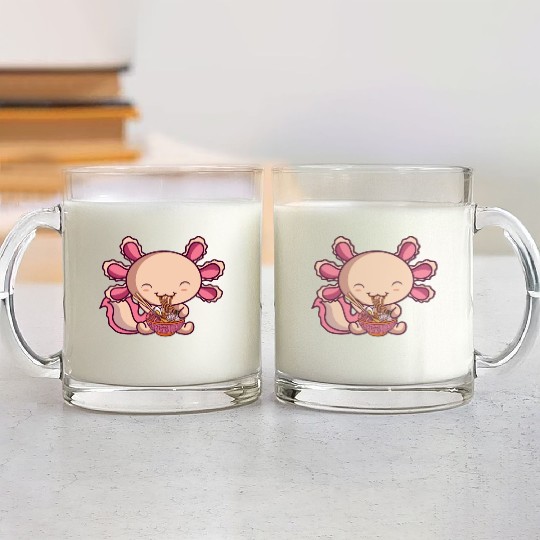 Kawaii Axolotl Eating Ramen Japanese Noodles Anime Glass Mugs