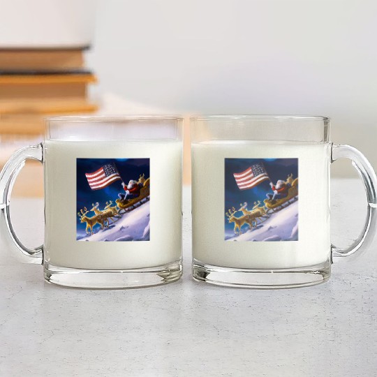 Patriotic Christmas Santa With US Flag Sled And Glass Mugs
