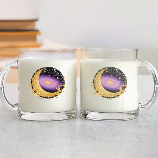 glowing violet galaxy with moon and stars Glass Mugs