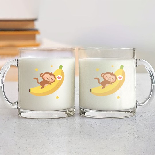 Cute Monkey Hugging Banana Moon Glass Mugs