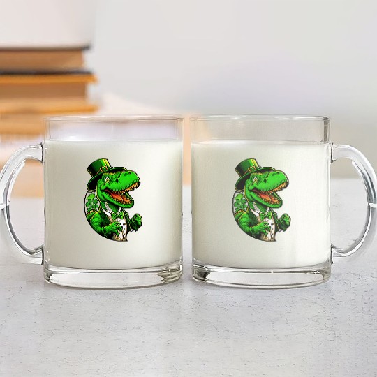 St Patricks Day T-rex Dinosaur With Top Hat Glass Mugs