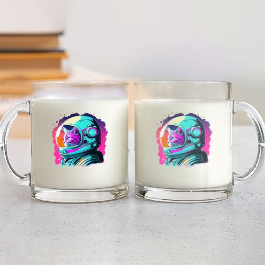 Aesthetic Vaporwave Space Cat 80s 90s Astronaut Glass Mugs