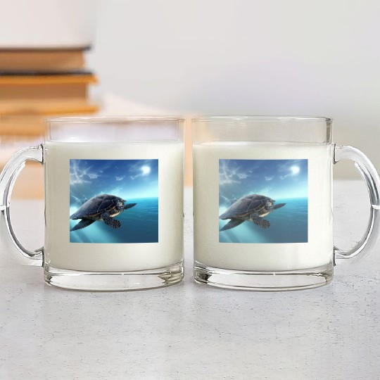 Turtle swimming in the blue ocean print Glass Mugs
