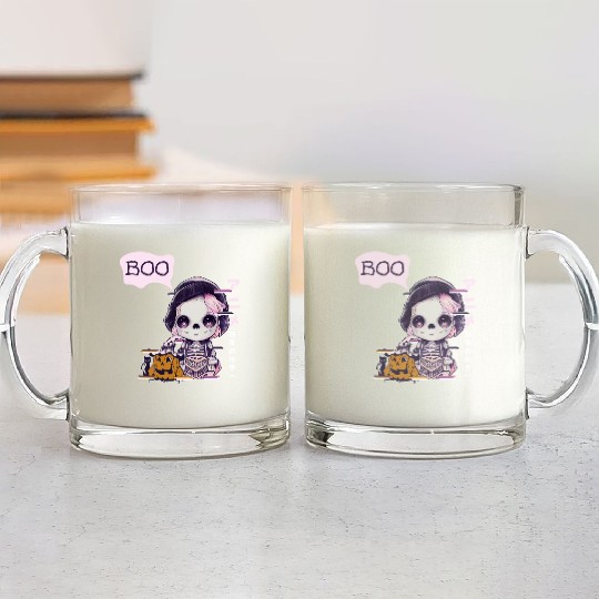 Cute Skeleton Chibi Pumpkin Japanese Aesthetic Glass Mugs