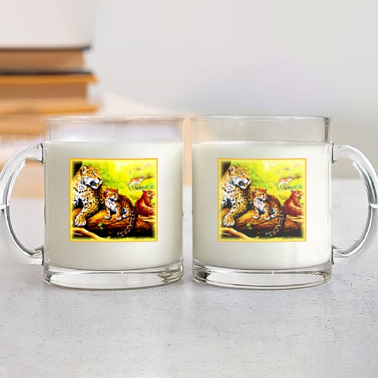 Jaguar Mom and Cubs Relaxing in Jungle. Buy Now Glass Mugs