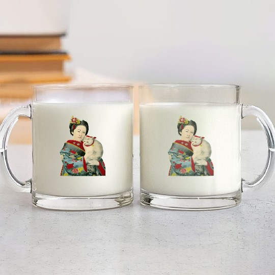Geisha Cat Kimono Japanese Vintage Art Glass Mugs