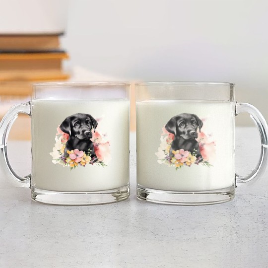 Black Lab Dog Watercolor Floral Glass Mugs