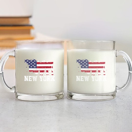 New York City Nyc Skyline Usa Flag America Glass Mugs
