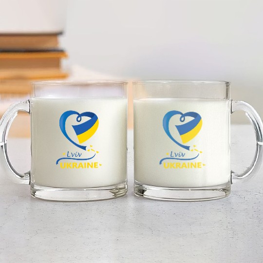 Lviv Ukraine National Flag Heart Emblem Crest Glass Mugs