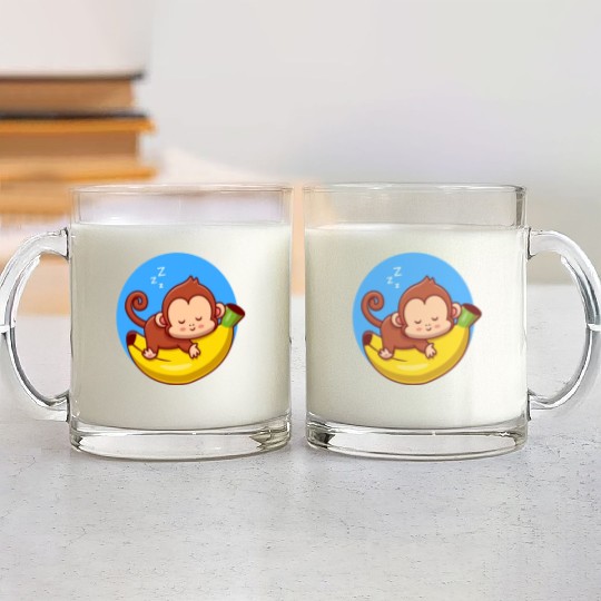 Cute Monkey Sleeping On Banana Cartoon Glass Mugs