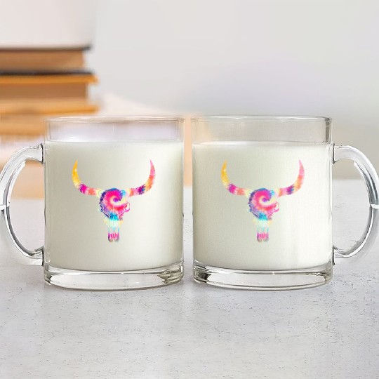 Cow Glass Mugs, Cow Skull Tie Dye Watercolor Glass Mugs, Cow