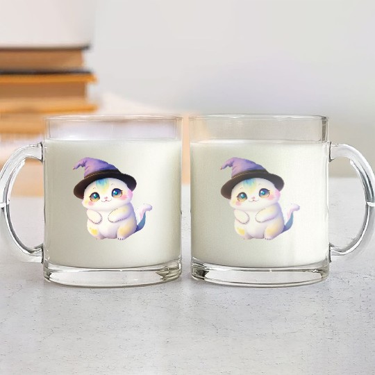 Cute Watercolor Witch Cat Glass Mugs