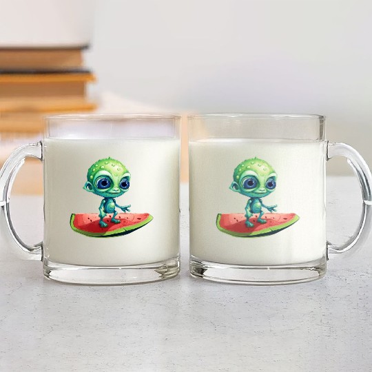 Green Alien Meets Watermelon: Exotic Encounter Glass Mugs