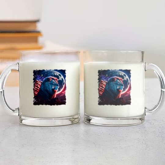 America lion under Moon with American Flag Glass Mugs