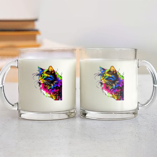 Rainbow Cat Realistic Watercolor Cute Cat Paint Glass Mugs