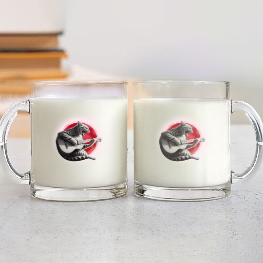 Rock Cat Playing Guitar Glass Mugs under the red moon