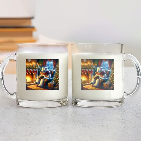 Winter Tales-Merry Cozy Bear Reading by Fireplace Glass Mugs