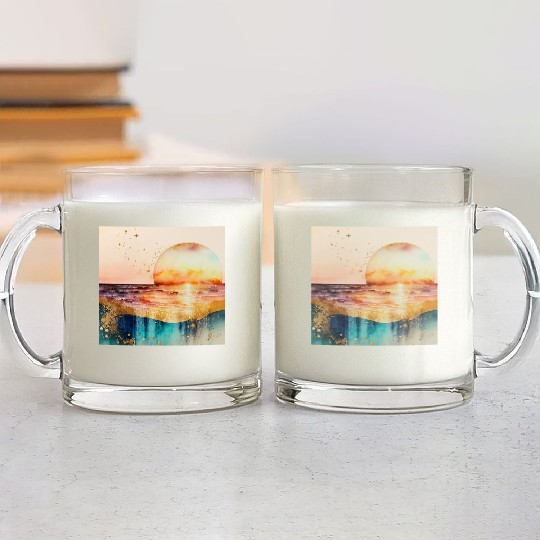 Sunset Beach Watercolor Painting Glass Mugs