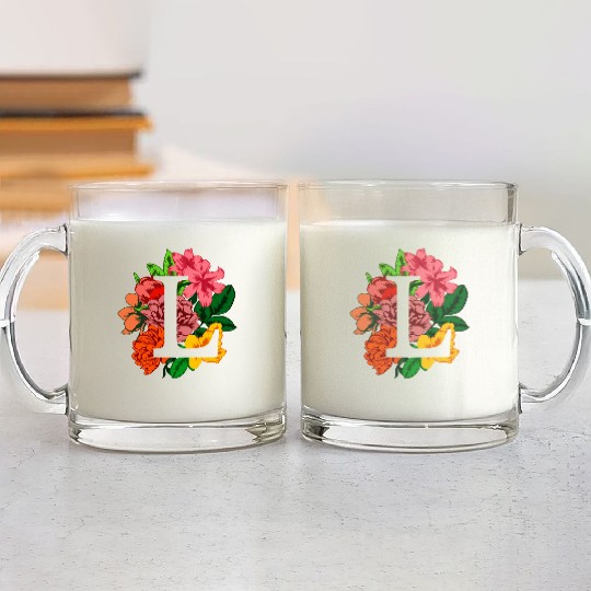 Capital letter L monogram with peony, lily flowers Glass Mugs