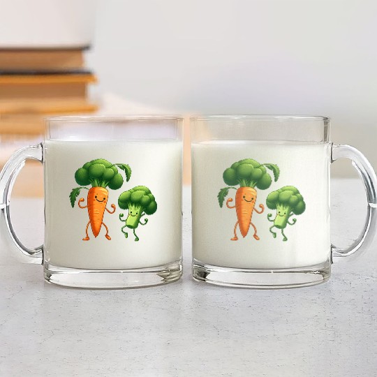 Carrot Dancing with Broccoli Glass Mugs