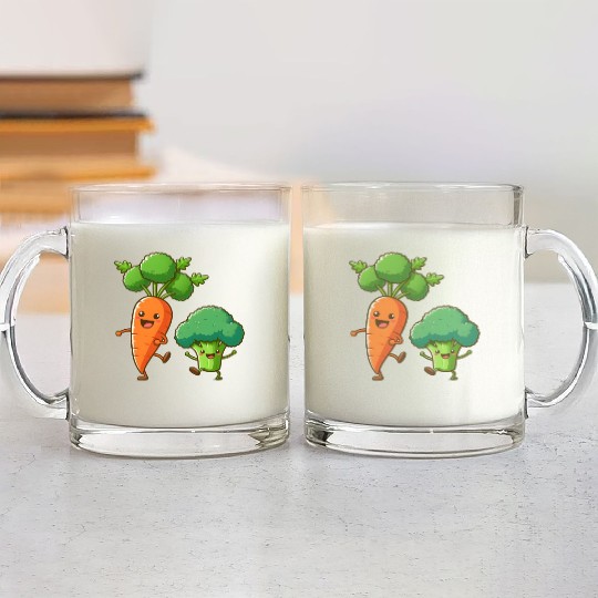Carrot Dancing with Broccoli Glass Mugs