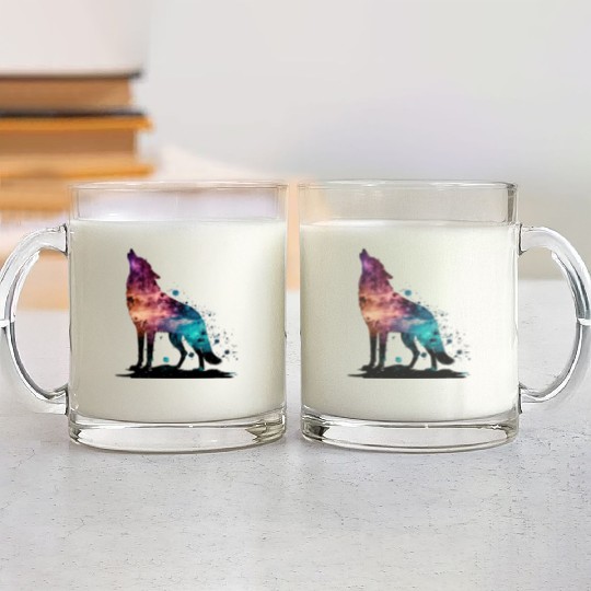Wolf Print, Cosmic Wolves, Animal Print, Cosmos Glass Mugs