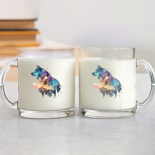 Wolf Print, Cosmic Wolves, Animal Print, Cosmos Glass Mugs